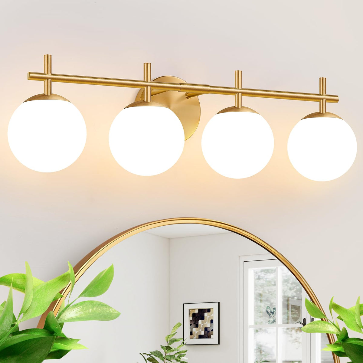 3-Light Bathroom Light Fixtures, Brushed Gold Vanity Lights for Bathroom with Milky White Glass Globe Shade, 19.3 inch Bathroom Lighting Fixtures Over Mirror, Wall Sconce for Bedroom(Bulb Not Included