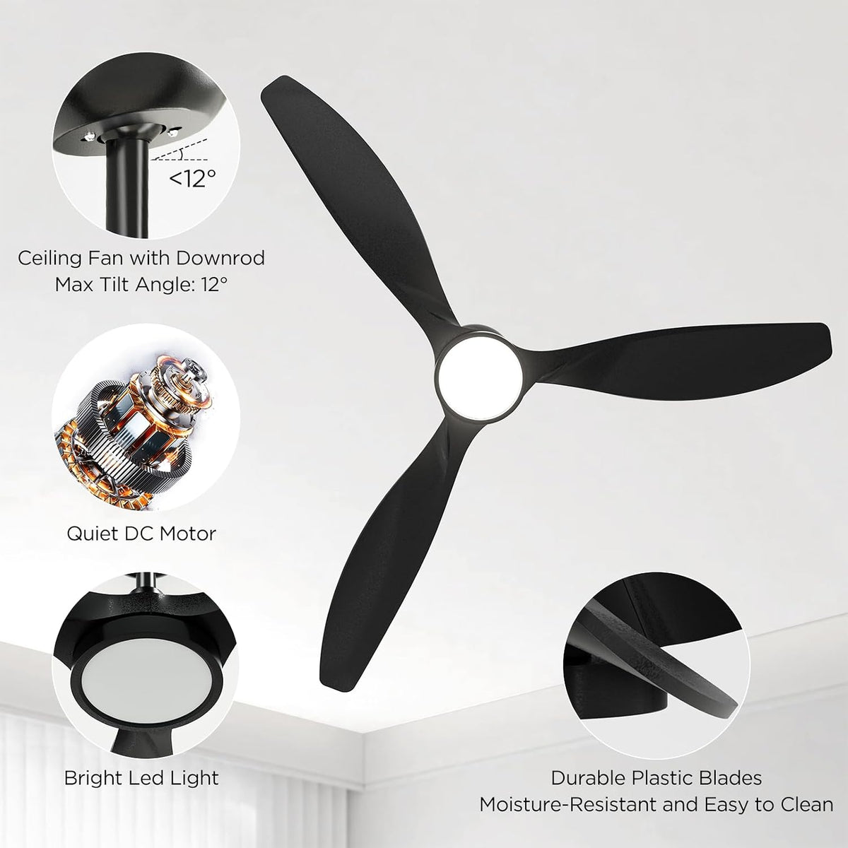 Roomratv 52'' Modern Ceiling Fan with Light, Wide Blade Design, Remote | DC Motor,Reversible,Color Adjustable,Dimmable,Led Light,6 Speeds,3 Timers,Modern,Plastic,Bedrooms, Living rooms,Indoor