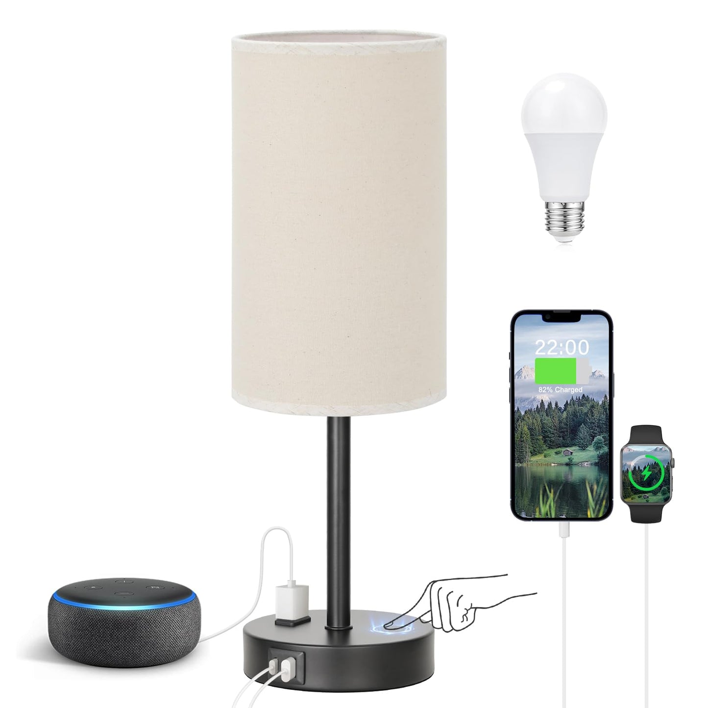 Bedside Table Lamp for Bedroom - Dimmable Touch, USB A+C, AC Outlet | 3-Way Dimmable, LED Bulb Included, Fabric Lampshade, Wood-Grain Metal Base, 14" Small Nightstand Lamp for Desk, Living Room