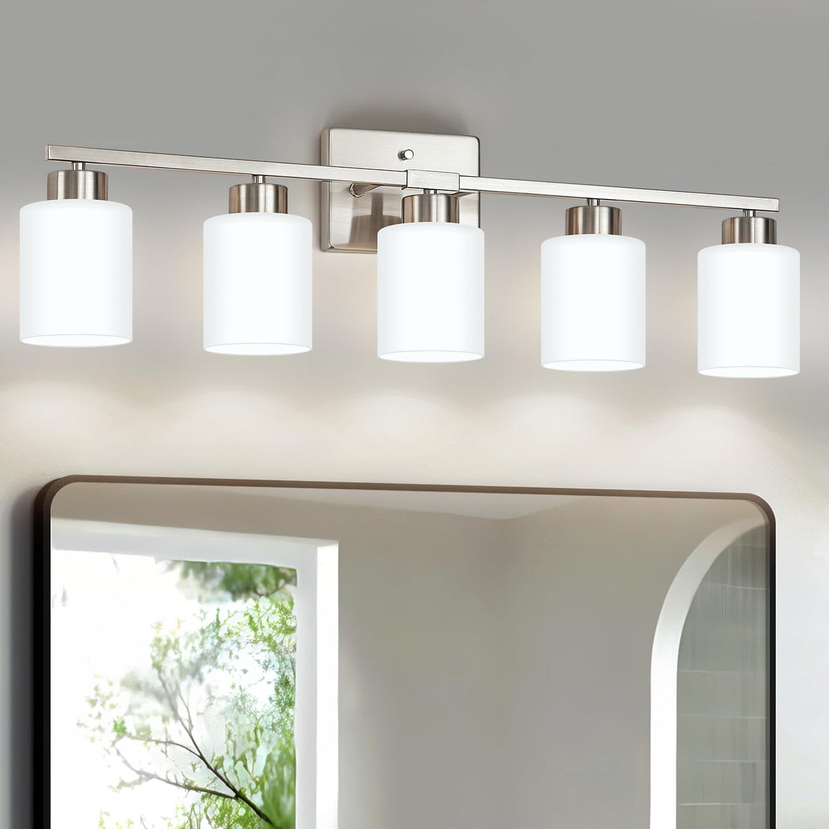 FonmYim Brushed Nickel Bathroom Light Fixtures Vanity Lights Over Mirror | Modern 3-Light lighting fixtures for bathroom with Milky White Frosted Glass Shades, E26 Socket (Bulbs Not Included)