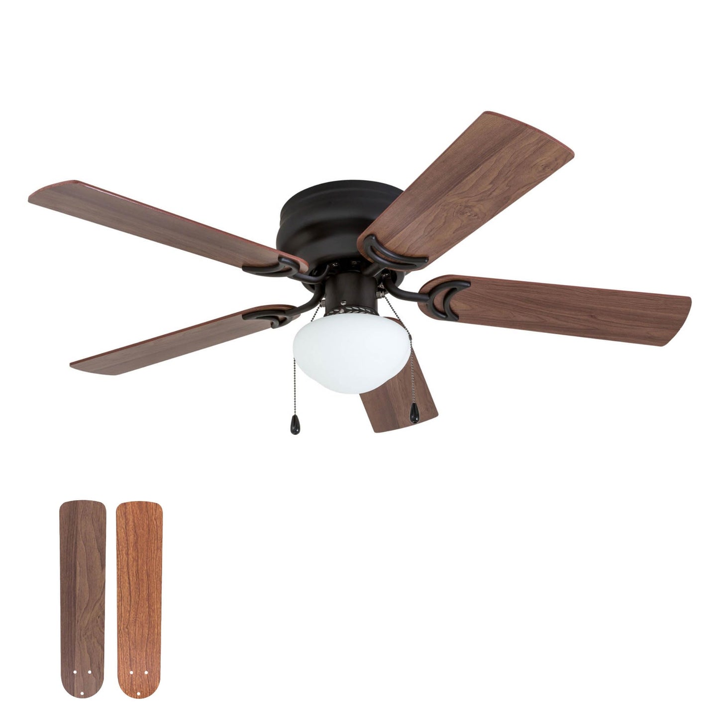Prominence Home Alvina 42 Inch Traditional Flush Mount Ceiling Fan with Light, Pull Chain, Dual Finish Blades, Reversible Motor, Brushed Nickel