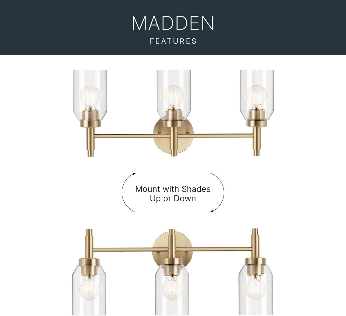 Kichler Madden 3-Light Bathroom Vanity Light, Champagne Bronze | Modern vanity light with clear glass for single bathroom mirrors (24" x 10.5"), 55185CPZ