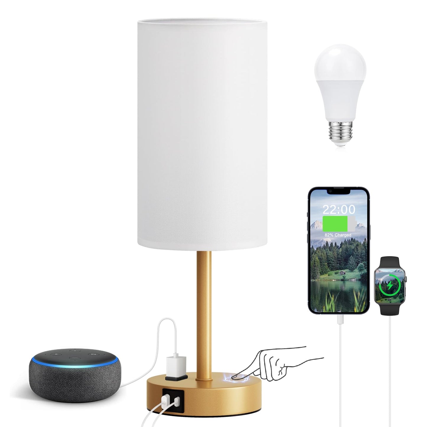 Bedside Table Lamp for Bedroom - Dimmable Touch, USB A+C, AC Outlet | 3-Way Dimmable, LED Bulb Included, Fabric Lampshade, Wood-Grain Metal Base, 14" Small Nightstand Lamp for Desk, Living Room