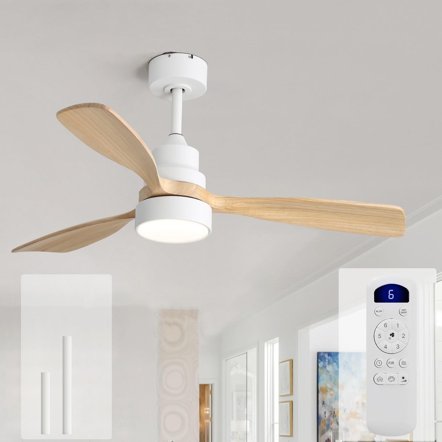 Sofucor 52 Inch Wood Ceiling Fans with Lights and Remote, Indoor/Outdoor | Modern, 3 Blade, Quiet Reversible DC Motor, 3CCT Dimmable, 6 Speeds, Timer, Bedroom/Living Room/Patio/Kitchen, Natural Wood