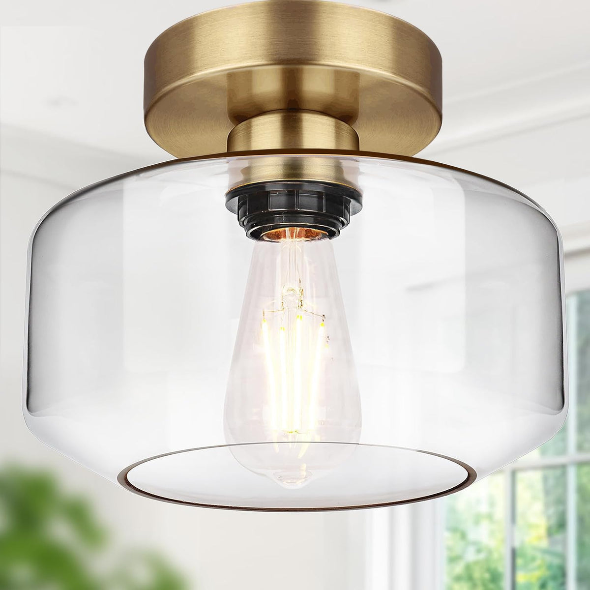 Industrial Semi Flush Mount Ceiling Light, 800 Lumen LED Bulb Included, Seeded Glass Shade Farmhouse Light Fixture for Hallway Corridor Kitchen Bathroom Bedroom Passway