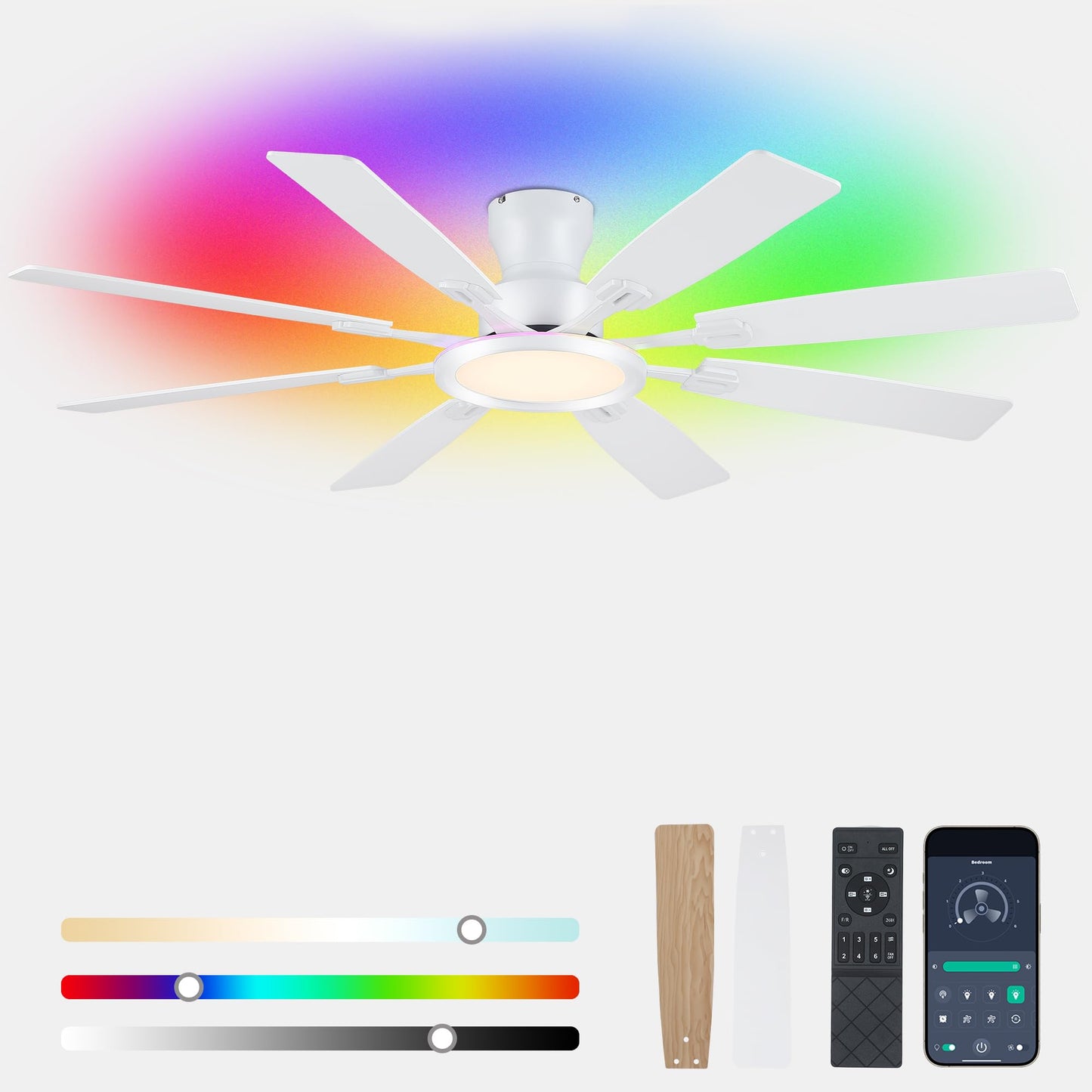 Ayaoty Ceiling Fans with Lights - 52in Flush Mount Ceiling Fan with RGB Dimmable, 3CCT 6 Wind Speeds and Reversible Quiet Motor, Low Profile RGB Fan Light for Modern Indoor, Party - Black