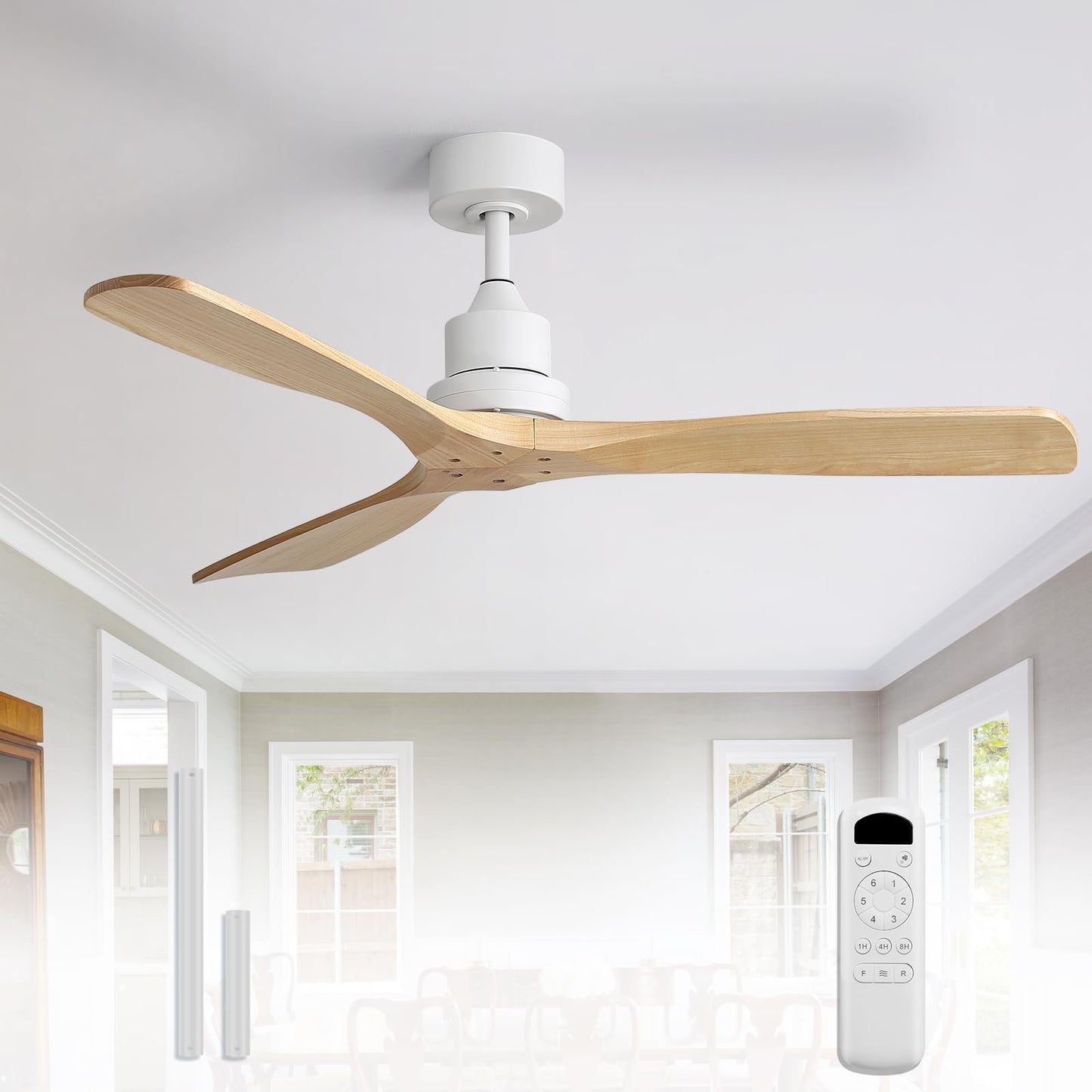 Sofucor 52 Inch Wood Ceiling Fans with Lights and Remote, Indoor/Outdoor | Modern, 3 Blade, Quiet Reversible DC Motor, 3CCT Dimmable, 6 Speeds, Timer, Bedroom/Living Room/Patio/Kitchen, Natural Wood