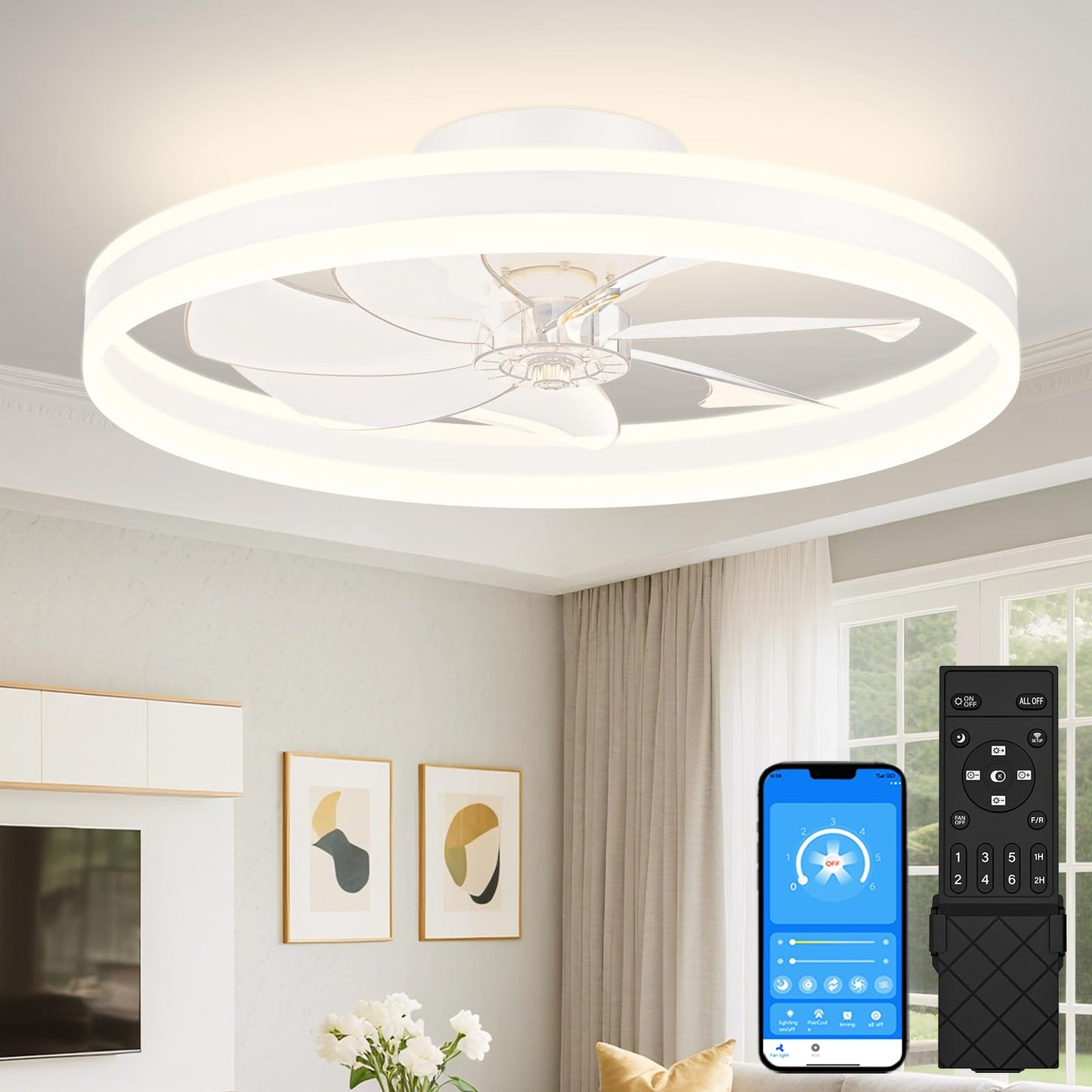 VOLISUN Low Profile Ceiling Fans with Lights and Remote, 27.6in Flush Mount Ceiling Fans with Light, 3000K-6500K Dimmable Fandelier LED Fan Light, Black Bladeless Ceiling Fans with Lights for Bedroom