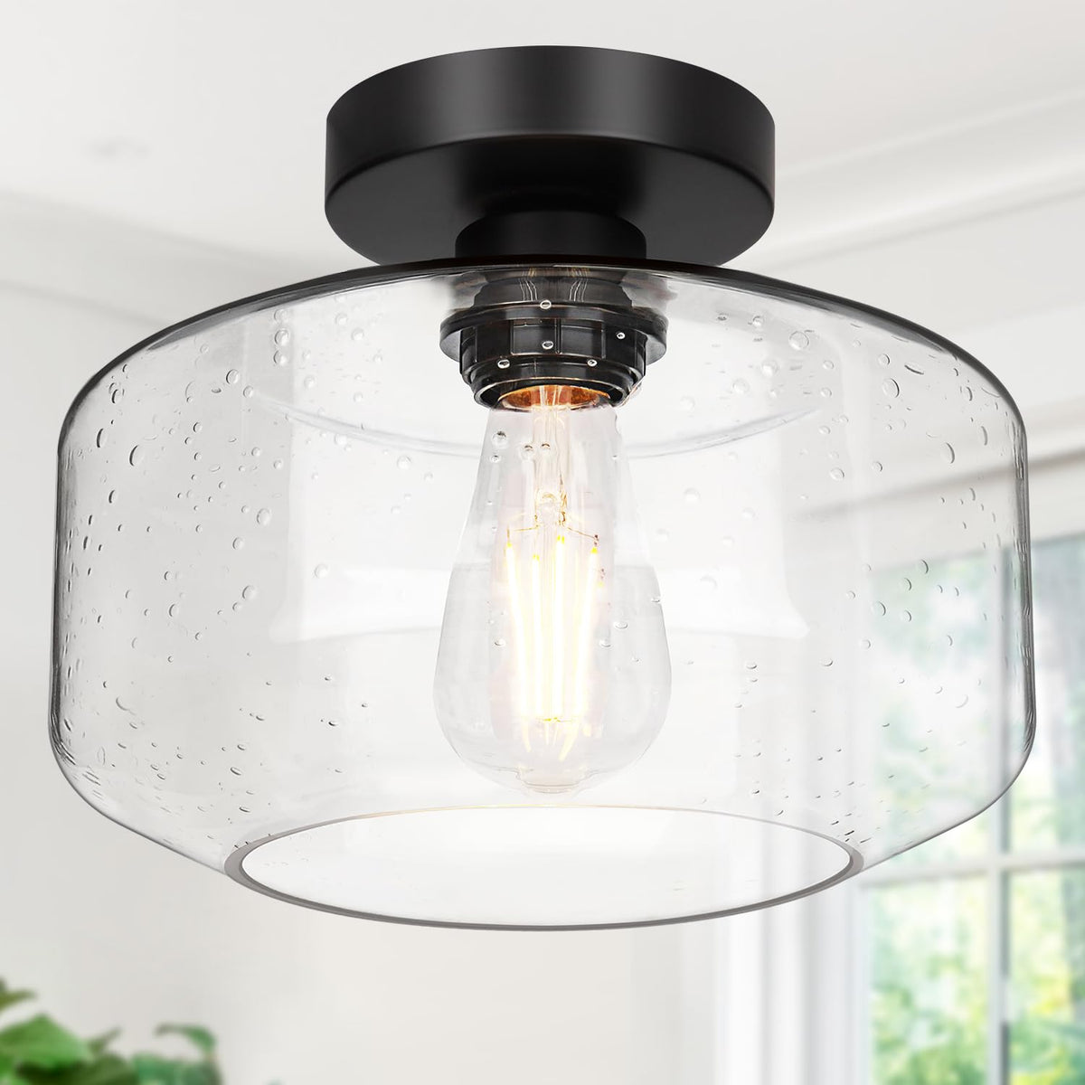 Industrial Semi Flush Mount Ceiling Light, 800 Lumen LED Bulb Included, Seeded Glass Shade Farmhouse Light Fixture for Hallway Corridor Kitchen Bathroom Bedroom Passway