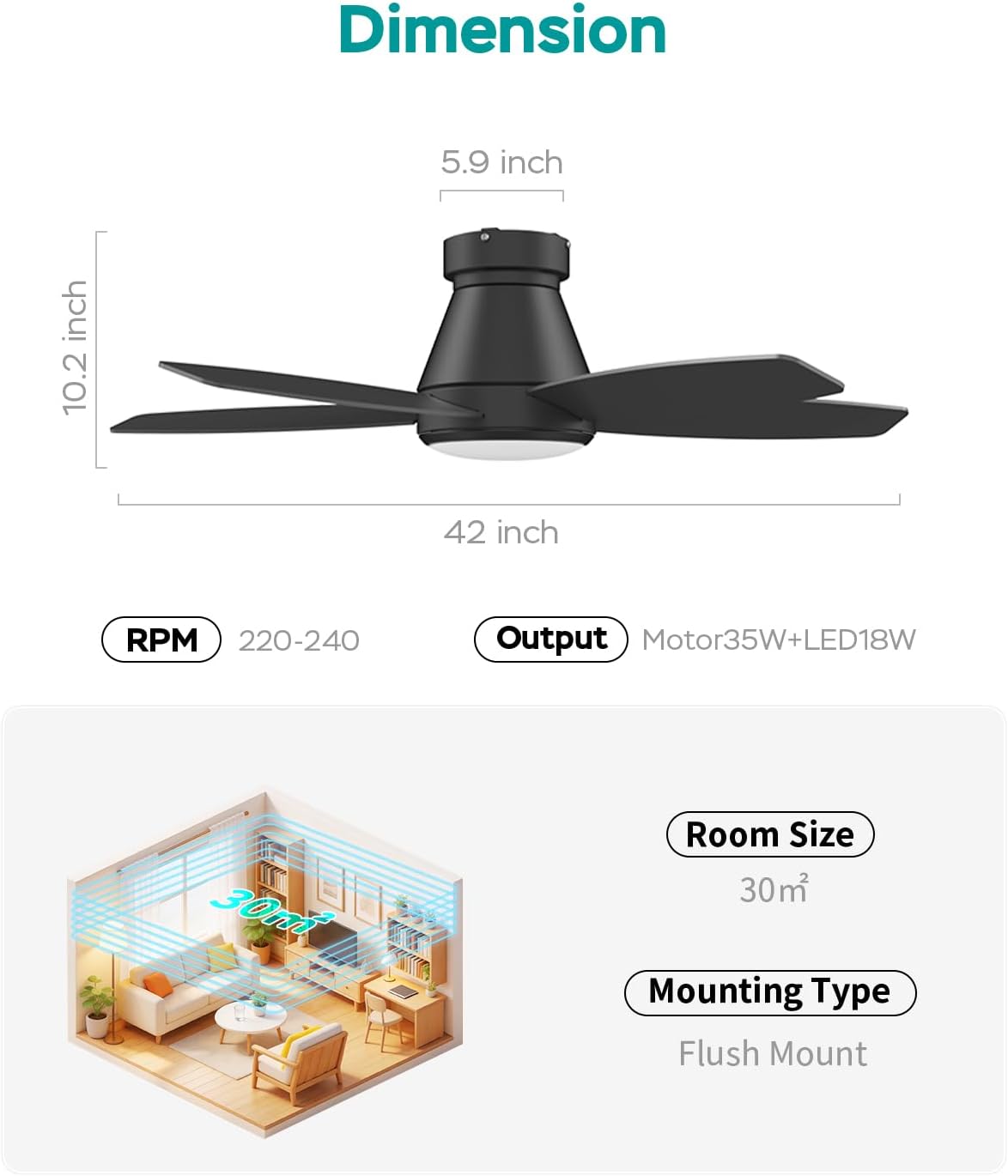 42 Inch Ceiling Fans with Lights, Quiet Reversible Fan with DC Motor, Remote & APP Control, 6-Speed, 3 Color Temperatures, Dimmable, Ceiling Fan for Bedroom Living Room,Black
