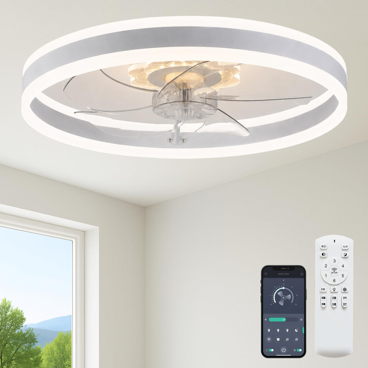 FSZDORJ 20'' Ceiling Fan with Light and Remote, Low Profile Ceiling Fan with Light, Dimmable Flush Mount Ceiling Fan Light, 6 Speeds Fan, App&Remote Control, Fandelier Quiet Fan for Bedroom F115 Black