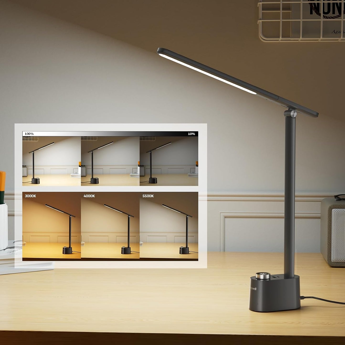 Honeywell H01 Pro Eye-Caring Compact LED Desk Lamp for Reading Home Office | Sunturalux Chips, CRI≥95, 3000K-5500K, A+C Charging, Dimmable Desk Light for College Dorm, Black