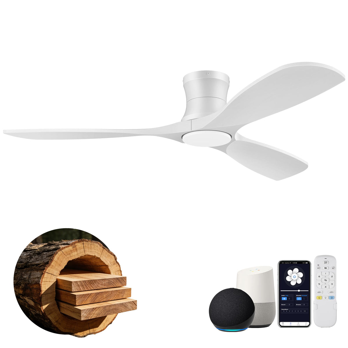 52" Wood Low Profile Ceiling Fans with Lights Remote,Flush Mount,Smart | Alexa/App Control,Easy Install,Quiet,Light Wood White,Hugger LED Ceiling Fan for Modern Outdoor Indoor Patio Bedroom,High CFM
