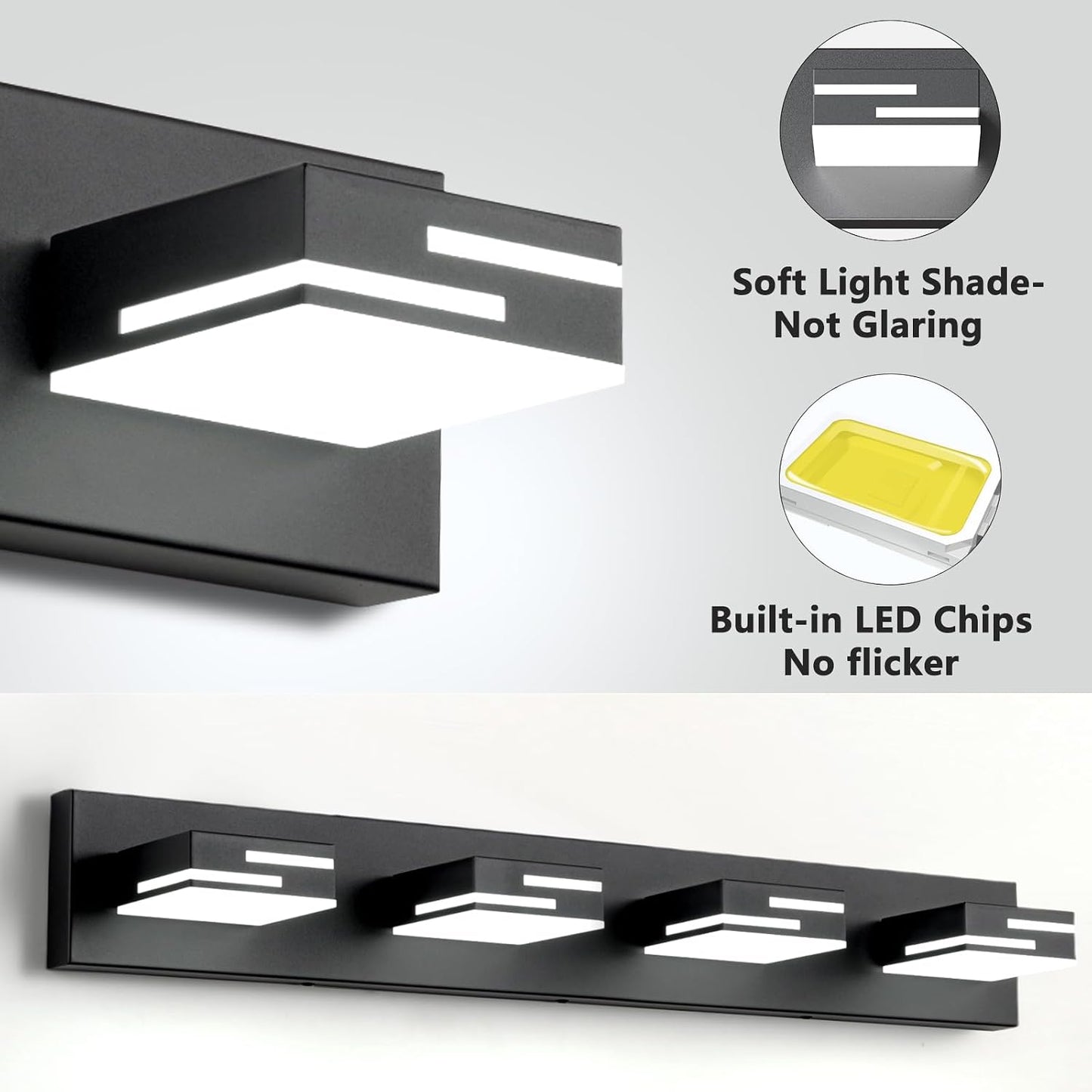 LED Modern Bathroom Vanity Light Fixtures, Dimmable Matte Black Vanity Lights for Bathroom Lighting Fixtures Over Mirror, with 360° Rotatable Acrylic Heads 4-Light 30-inch (Cool White 6000K)