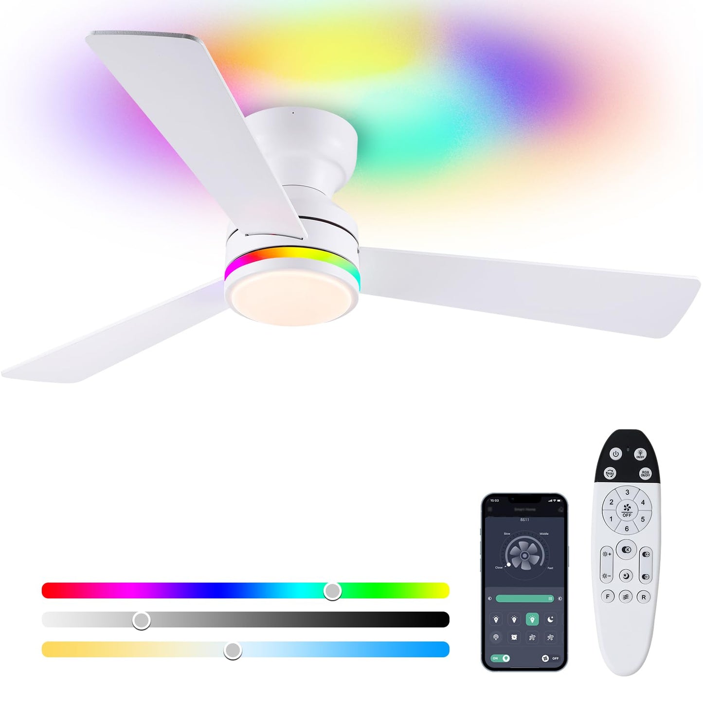 Asyko 46"Black 6-Blade Modern Low Profile Ceiling Fan with Light and Remote | 6 Double-Sided Blades,6 Wind Speeds, Reversible,Dimmable 3 CCT LED Light, 25W Quiet DC Motor,1/2H Timer,for Bedroom Kitchen