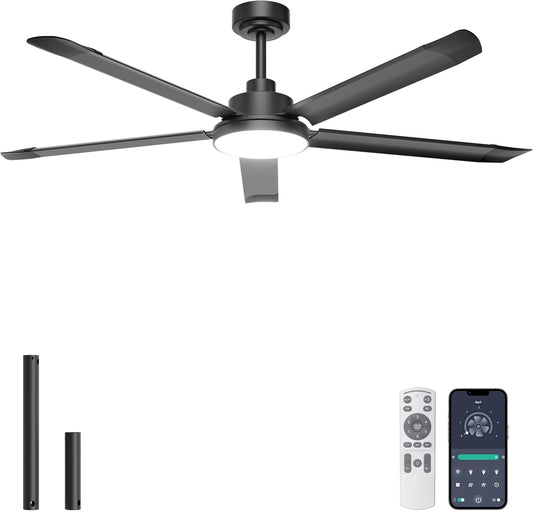 Ohniyou 60'' Industrial Ceiling Fan with Light for Patio, Porch, Black | 6800 CFM Airflow, 35dB DC Motor, 5 Aluminum Blades, 3CCT Dimming, Remote/APP Control, Covered Outdoor Metal Fan