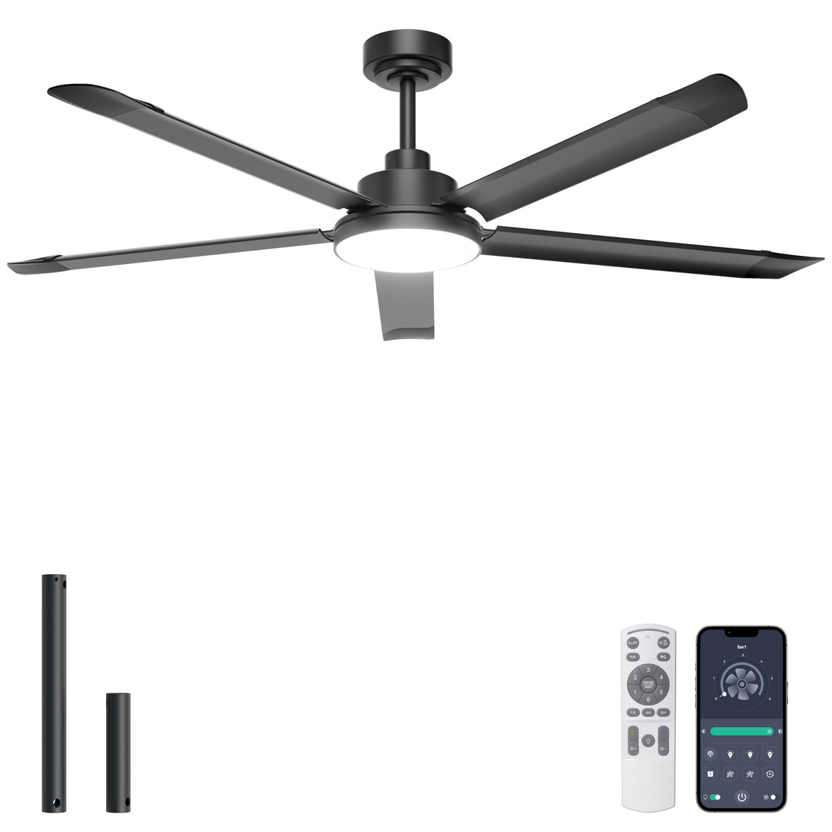 Ohniyou 60'' Industrial Ceiling Fan with Light for Patio, Porch, Black | 6800 CFM Airflow, 35dB DC Motor, 5 Aluminum Blades, 3CCT Dimming, Remote/APP Control, Covered Outdoor Metal Fan