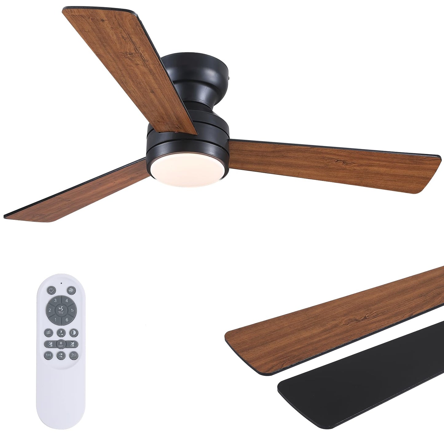 Asyko 46"Black 6-Blade Modern Low Profile Ceiling Fan with Light and Remote | 6 Double-Sided Blades,6 Wind Speeds, Reversible,Dimmable 3 CCT LED Light, 25W Quiet DC Motor,1/2H Timer,for Bedroom Kitchen