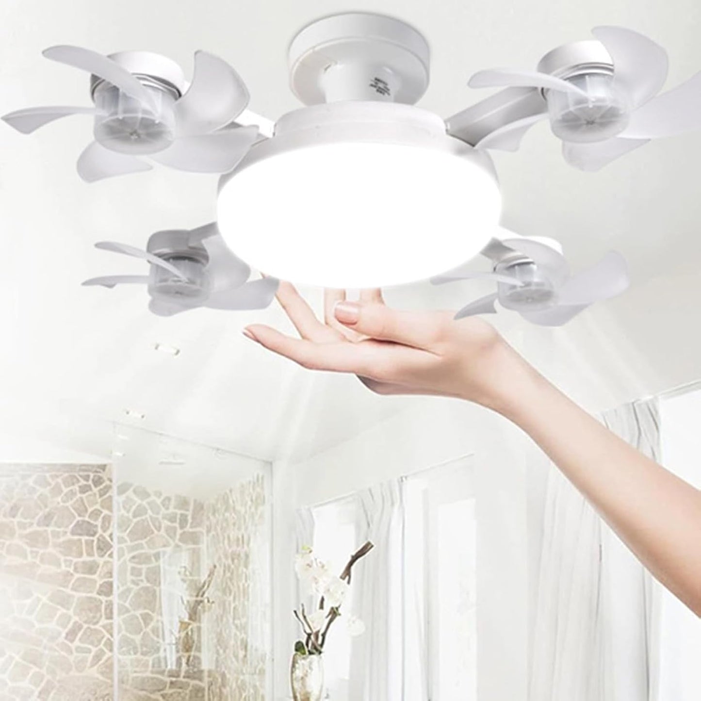 Ceiling Fan with Light and Remote E26 E27 3 Speeds 3 Colors 2 Timers Quiet Foldable Modern LED Drone Fan Light socket fan for Living Room Bedroom (4 Head)