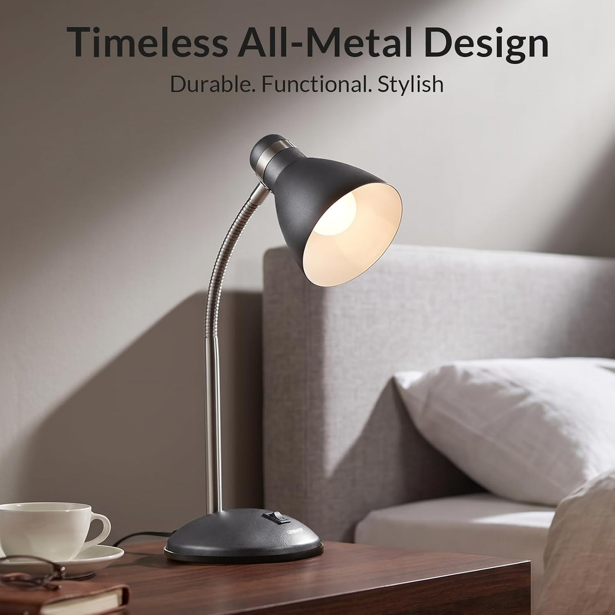 LEPOWER Metal Desk Lamp, Adjustable GooseNeck Reading Light for Bedroom | Compact & Sturdy, Space-Saving for Bedside & Dorm, E26 Table Lamp, Eye-Caring, Ideal for Study, Office, Back to School