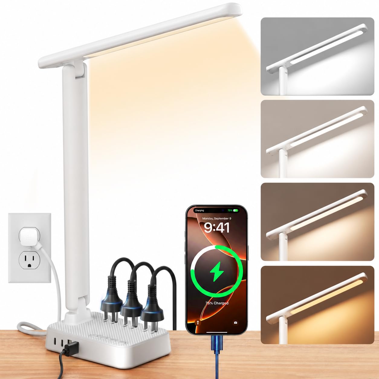 LED Desk Lamp with Power Strip, 3 AC Outlets, 4 USB Ports, Stepless Dimming | 2800K-6500K Color, 2 USB-C, Foldable Design, Timer & Memory, Study, Home Office & College Dorm