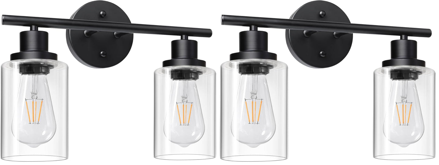 Modern Bathroom Light Fixtures, 3 Light Vanity Lights, Black Wall Lamp with Clear Glass for Bathroom, Mirror, Living Room, Bedroom, Hallway, E26 Base