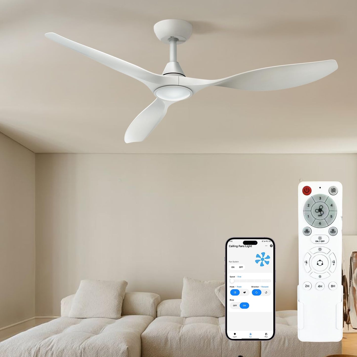 Roomratv 52'' Modern Ceiling Fan with Light, Wide Blade Design, Remote | DC Motor,Reversible,Color Adjustable,Dimmable,Led Light,6 Speeds,3 Timers,Modern,Plastic,Bedrooms, Living rooms,Indoor