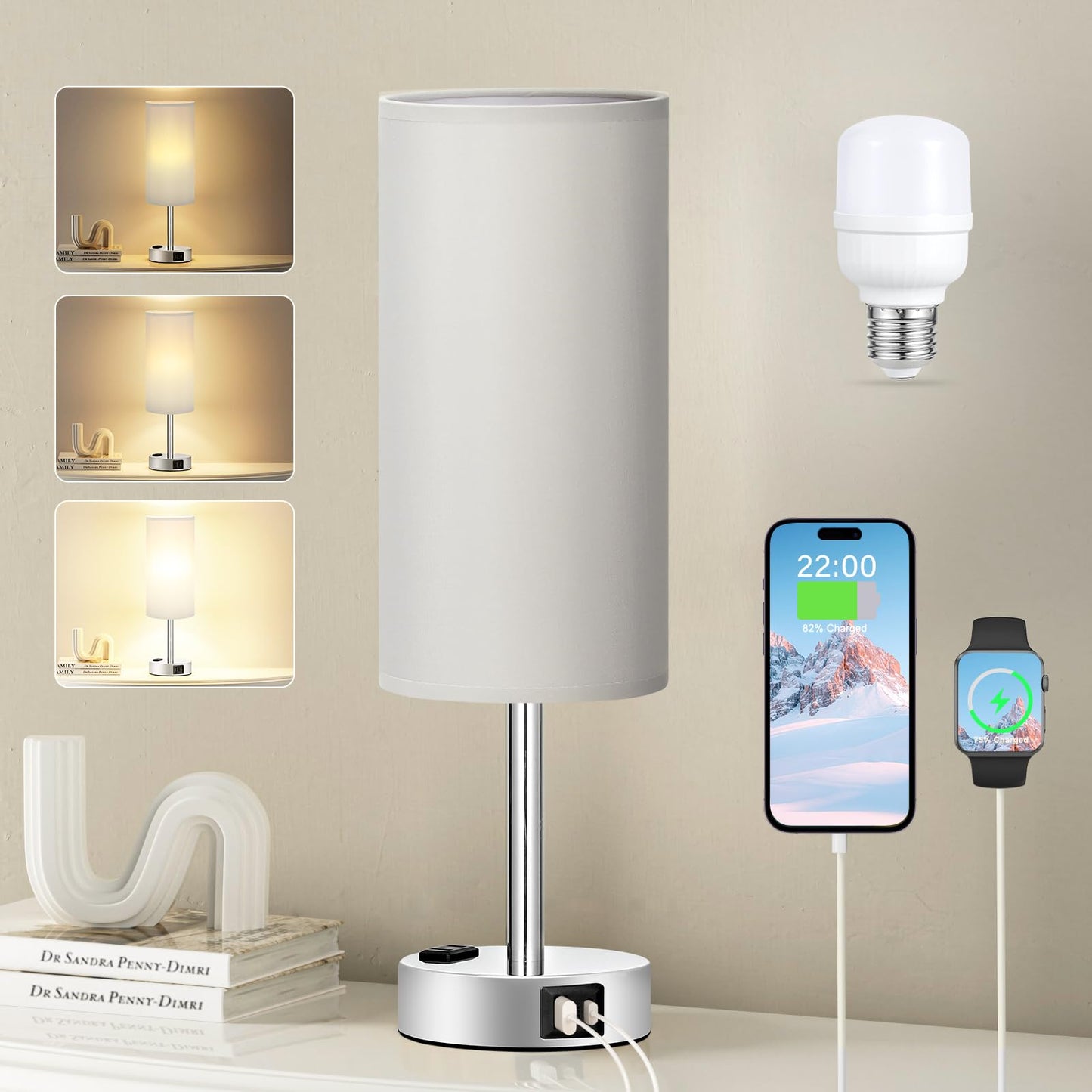 Bedside Table Lamp for Bedroom - Dimmable Touch, USB A+C, AC Outlet | 3-Way Dimmable, LED Bulb Included, Fabric Lampshade, Wood-Grain Metal Base, 14" Small Nightstand Lamp for Desk, Living Room