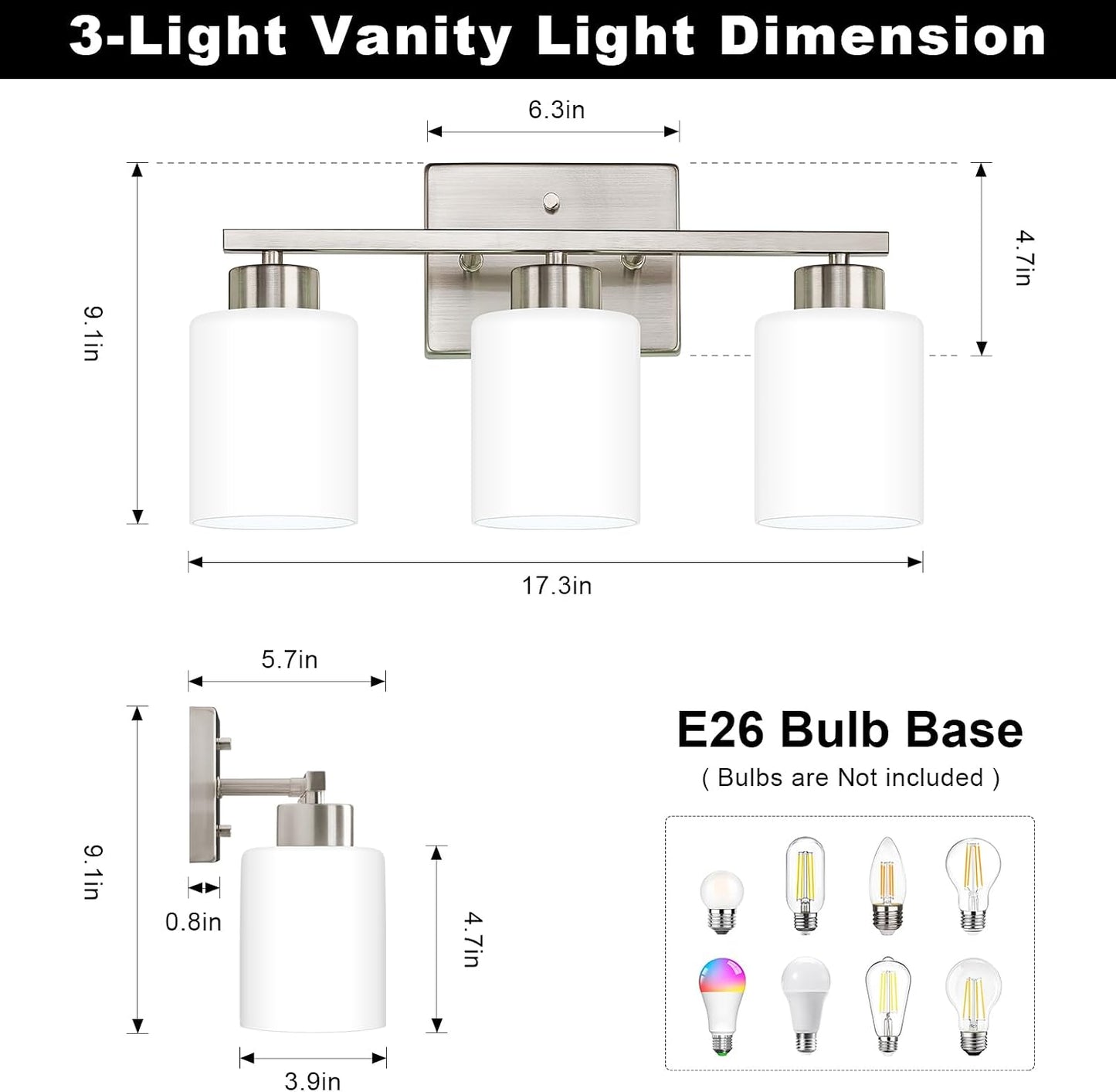 FonmYim Brushed Nickel Bathroom Light Fixtures Vanity Lights Over Mirror | Modern 3-Light lighting fixtures for bathroom with Milky White Frosted Glass Shades, E26 Socket (Bulbs Not Included)