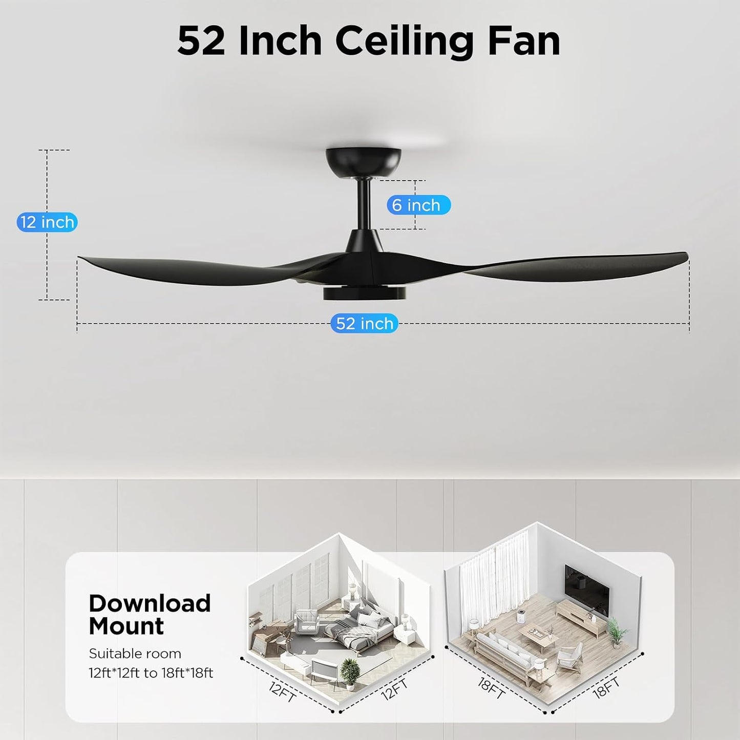 Roomratv 52'' Modern Ceiling Fan with Light, Wide Blade Design, Remote | DC Motor,Reversible,Color Adjustable,Dimmable,Led Light,6 Speeds,3 Timers,Modern,Plastic,Bedrooms, Living rooms,Indoor