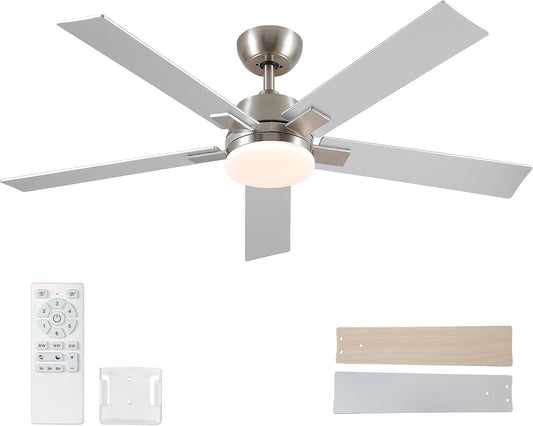 Rayqueen 52Inch Brushed Nickel Ceiling Fans with Lights and Remote,Downrod | 6 Speed Reversible DC motor,3-color temperature dimmable LED.For indoor/covered outdoor.Modern style for bedroom room