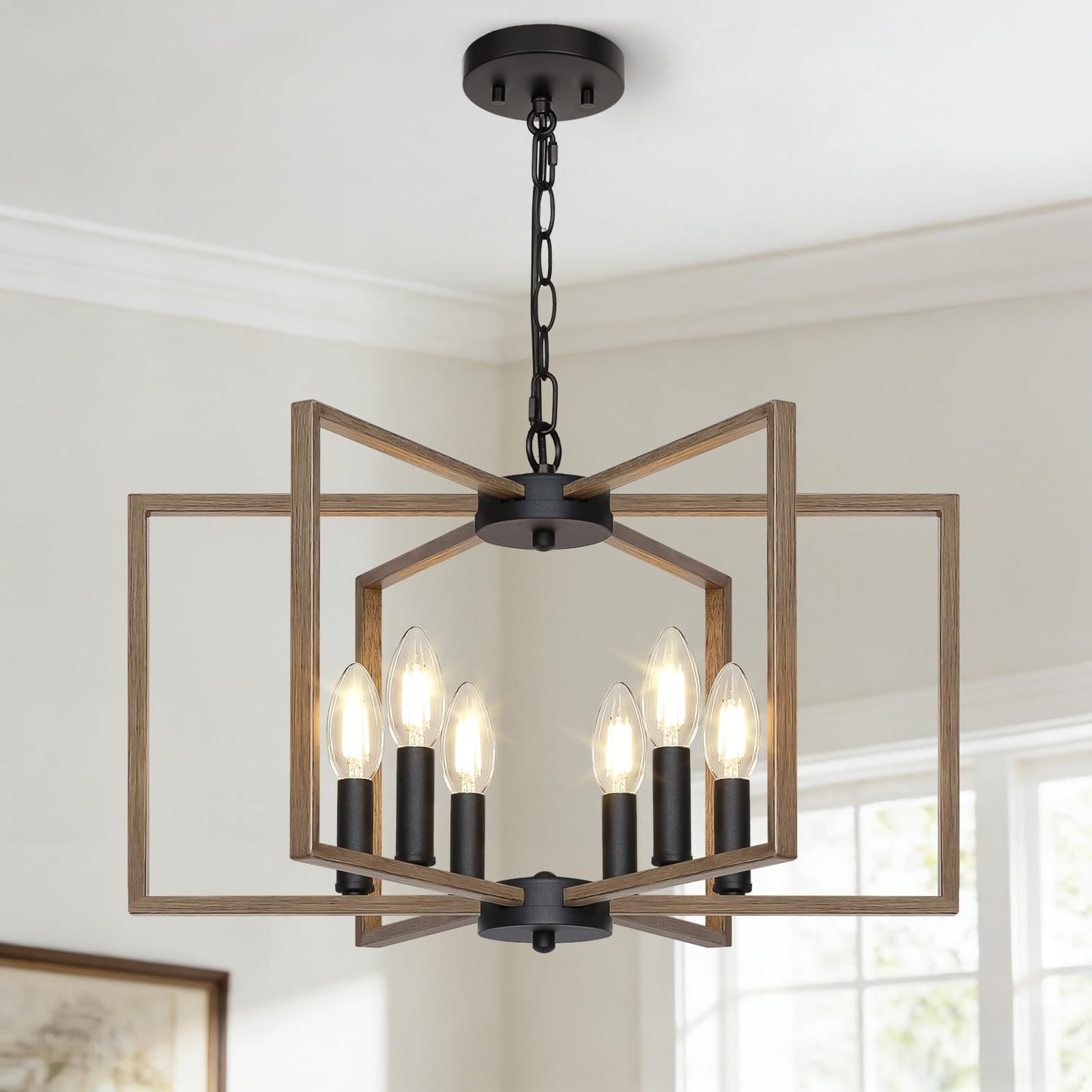 Black Farmhouse Chandelier, 6 Light Geometric Dining Room Light Fixture, Modern Industrial Metal Ceiling Light Rustic Hanging Pendant Lights with E12 base for Kitchen Island Entryway Foyer, Indoor