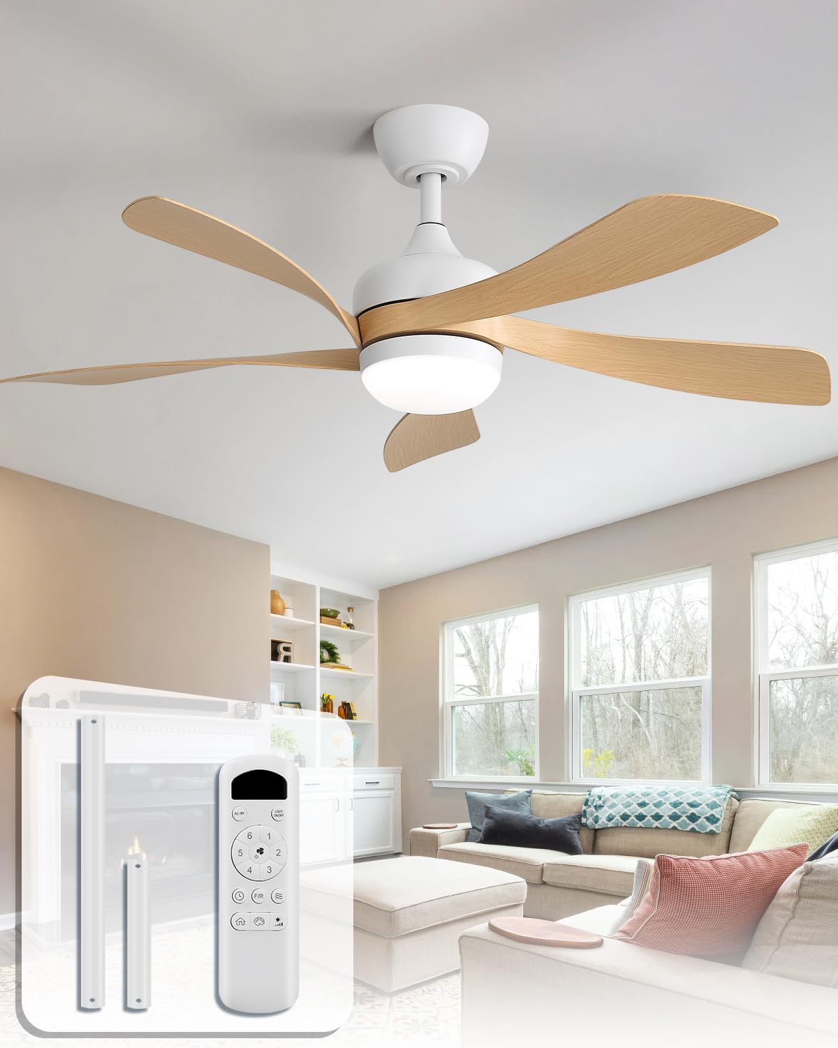 Sofucor 52 Inch Ceiling Fan with Light, 5 ABS Blades Brown | Remote Control Compatible, Reversible Quiet DC Motor, Timer, 6 Speeds, 3-CCT for Living Room Bedroom Patio Farmhouse