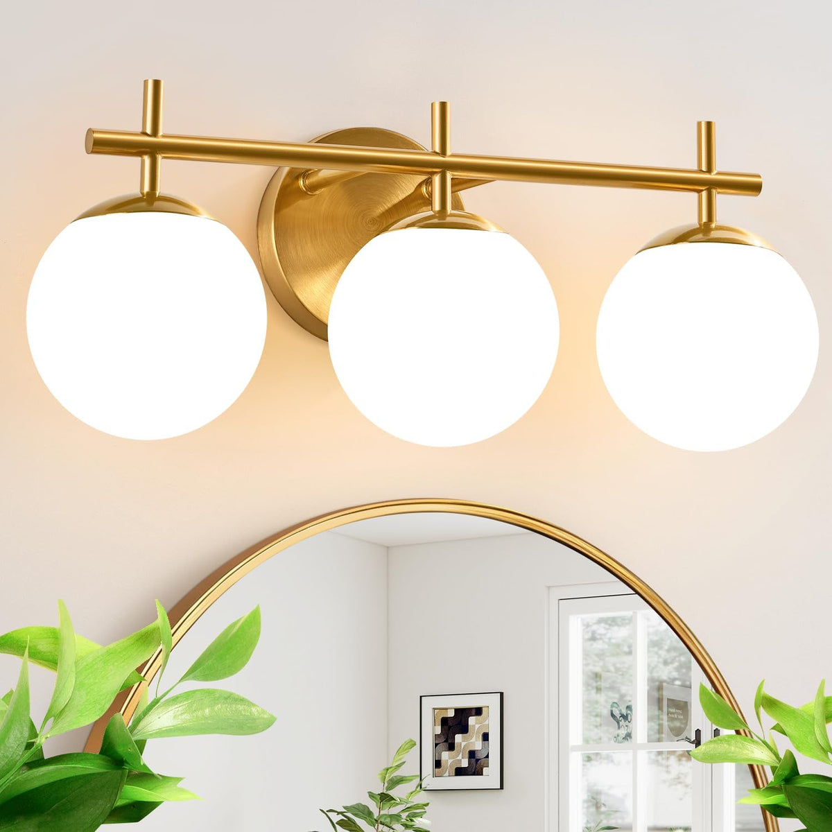 3-Light Bathroom Light Fixtures, Brushed Gold Vanity Lights for Bathroom with Milky White Glass Globe Shade, 19.3 inch Bathroom Lighting Fixtures Over Mirror, Wall Sconce for Bedroom(Bulb Not Included