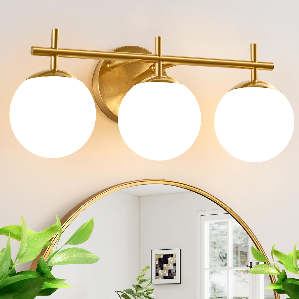 3-Light Bathroom Light Fixtures, Brushed Gold Vanity Lights for Bathroom with Milky White Glass Globe Shade, 19.3 inch Bathroom Lighting Fixtures Over Mirror, Wall Sconce for Bedroom(Bulb Not Included