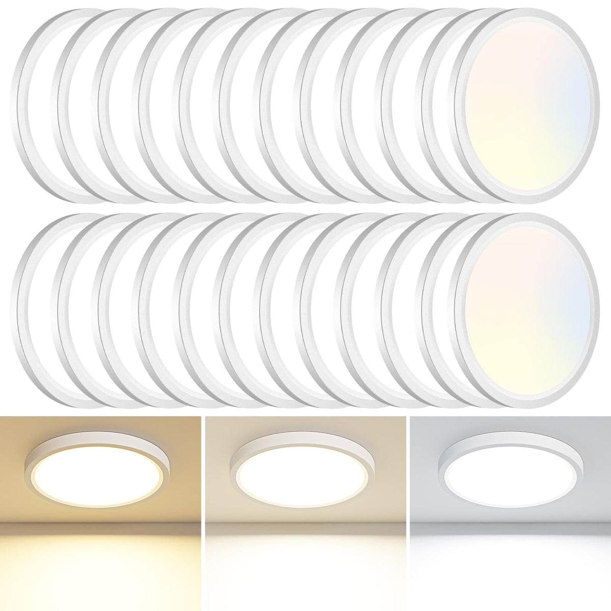 8PACK LED Flush Mount Ceiling Light Fixture, 3000K-4000K-6500K & 100W Equivalent Modern Kitchen Recessed Ceiling Lamp 15W 1500Lm 7.5 Inch Closet Round Surface for Bathroom Laundry Bedroom Hallway