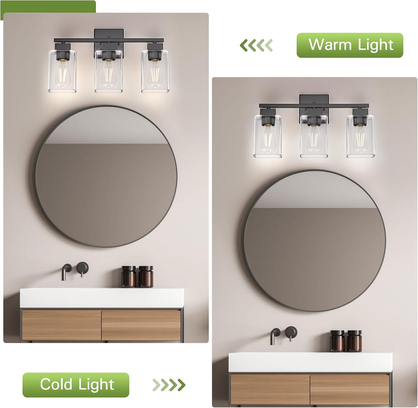 Matte Black Bathroom Vanity Light, 3-Light Vanity Lighting fixtures Over Mirror, Square Design & UL Certification, Wall Sconces with Clear Glass Shades, E26 Socket (Bulbs Not Included)