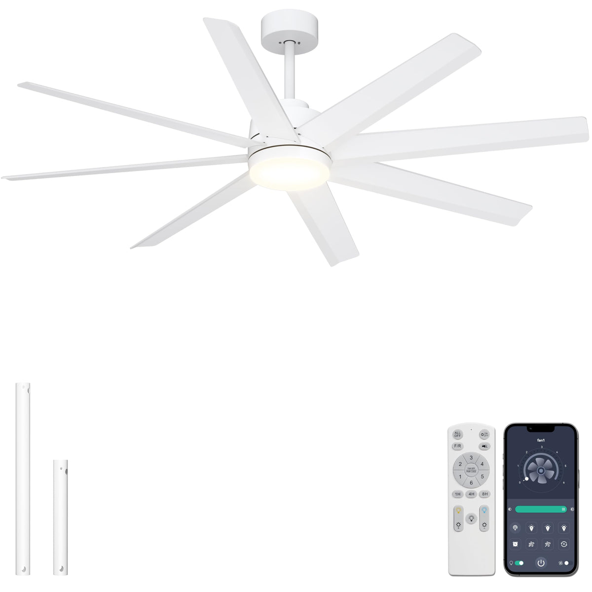 Ohniyou 60" Black Ceiling Fan with Light for Patio, Porch, Living Room | Remote/App Control, Quiet DC Motor, 3CCT Dimming, Modern Covered Outdoor Fan with 8 ABS Blades