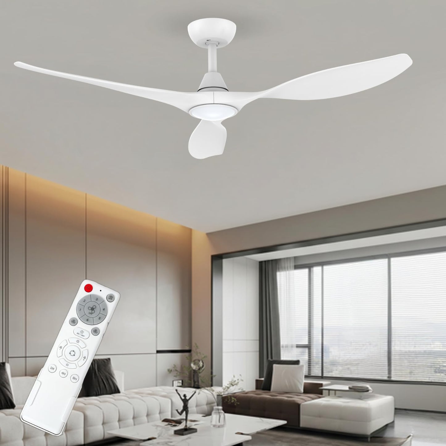 Roomratv 52'' Modern Ceiling Fan with Light, Wide Blade Design, Remote | DC Motor,Reversible,Color Adjustable,Dimmable,Led Light,6 Speeds,3 Timers,Modern,Plastic,Bedrooms, Living rooms,Indoor