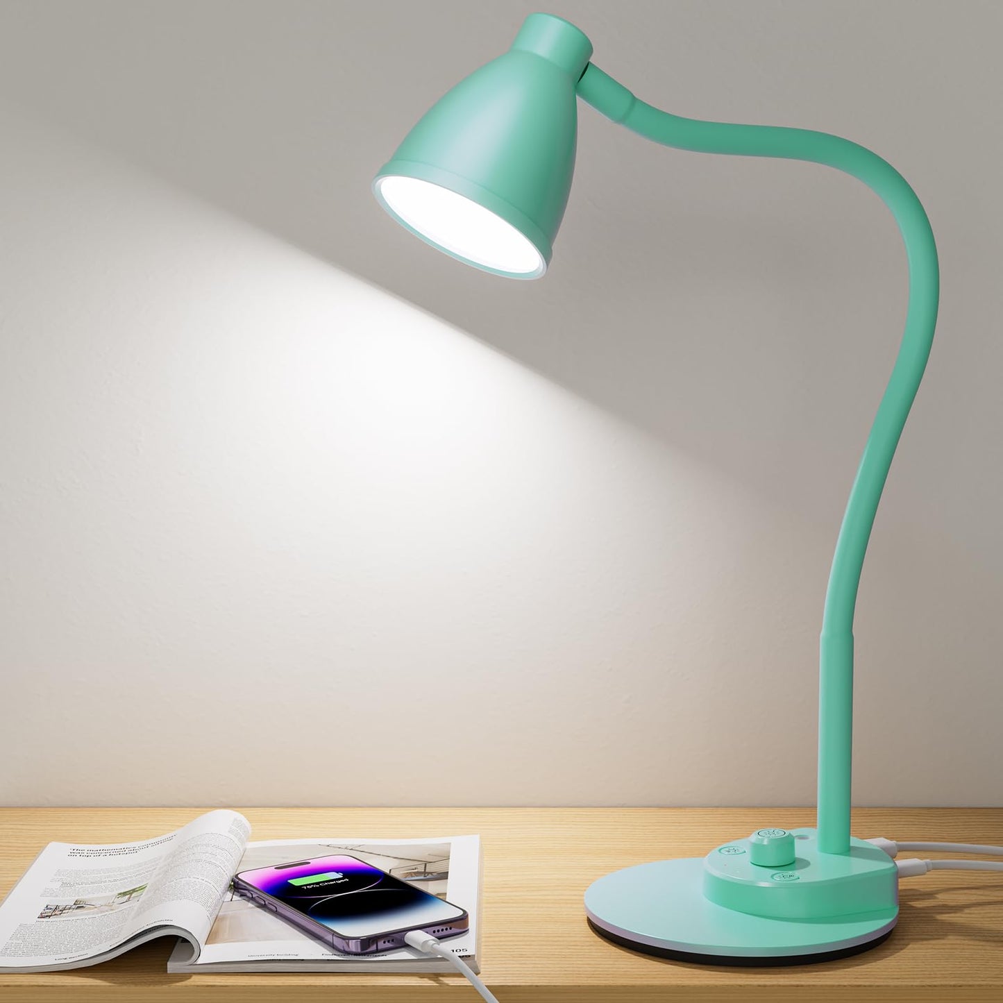BOHON LED Desk Lamp with USB Charging Port 3 Color Modes Dimmable, Black | Reading Light Intelligent Induction Auto Dimming Task Lamp Neck Flexible Table Lamp for Bedside Office, AC Adapter Include