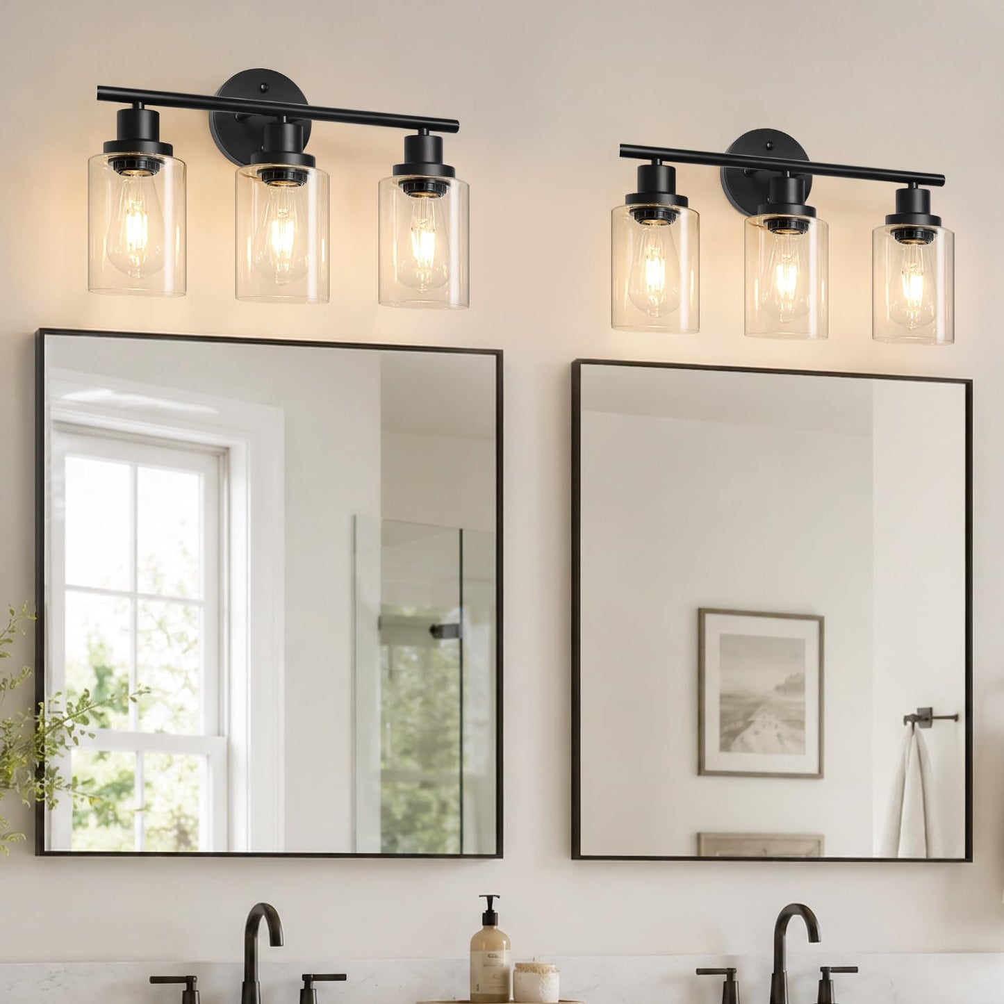 Modern Bathroom Light Fixtures, 3 Light Vanity Lights, Black Wall Lamp with Clear Glass for Bathroom, Mirror, Living Room, Bedroom, Hallway, E26 Base