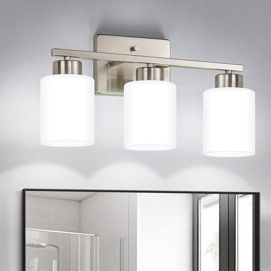FonmYim Brushed Nickel Bathroom Light Fixtures Vanity Lights Over Mirror | Modern 3-Light lighting fixtures for bathroom with Milky White Frosted Glass Shades, E26 Socket (Bulbs Not Included)