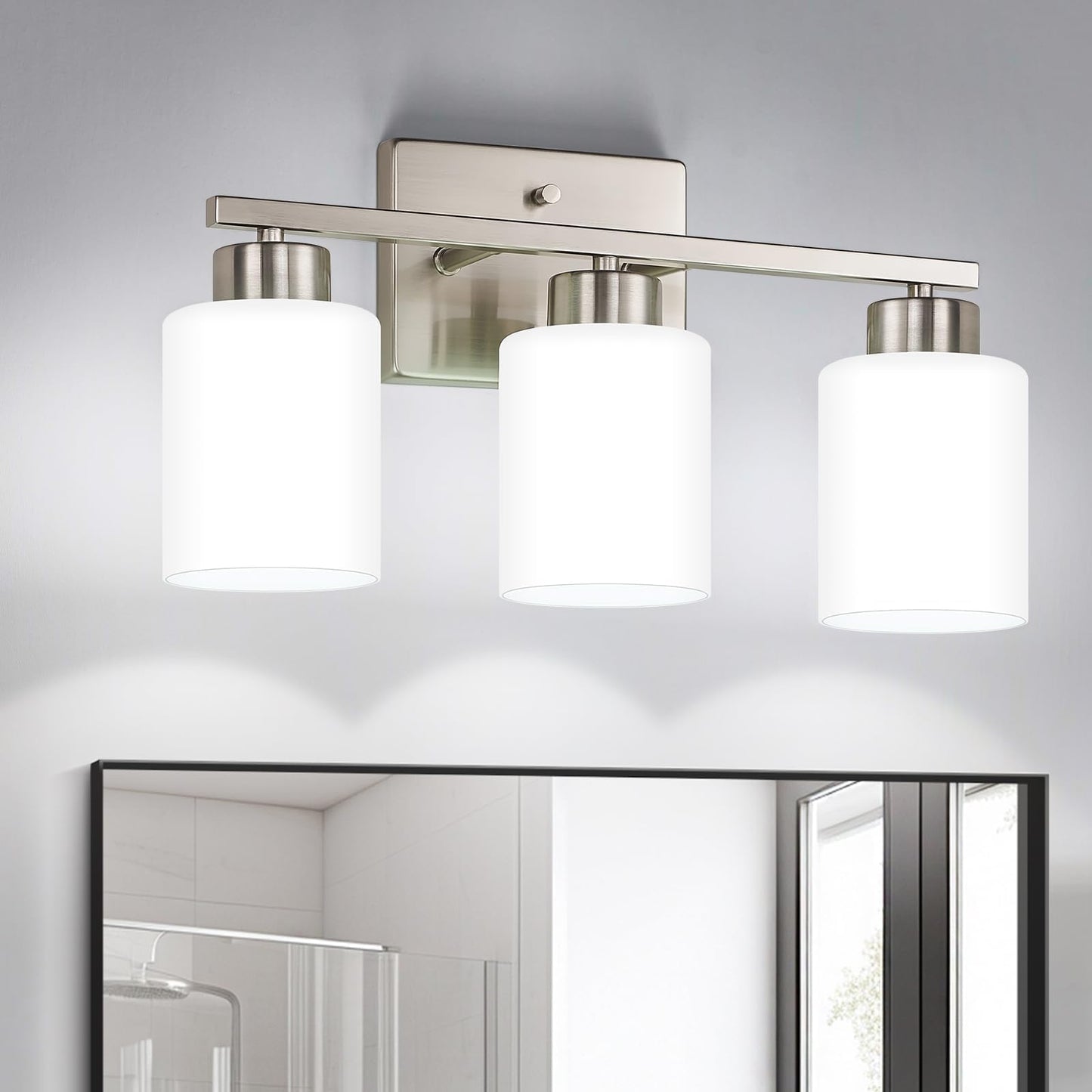 FonmYim Brushed Nickel Bathroom Light Fixtures Vanity Lights Over Mirror | Modern 3-Light lighting fixtures for bathroom with Milky White Frosted Glass Shades, E26 Socket (Bulbs Not Included)