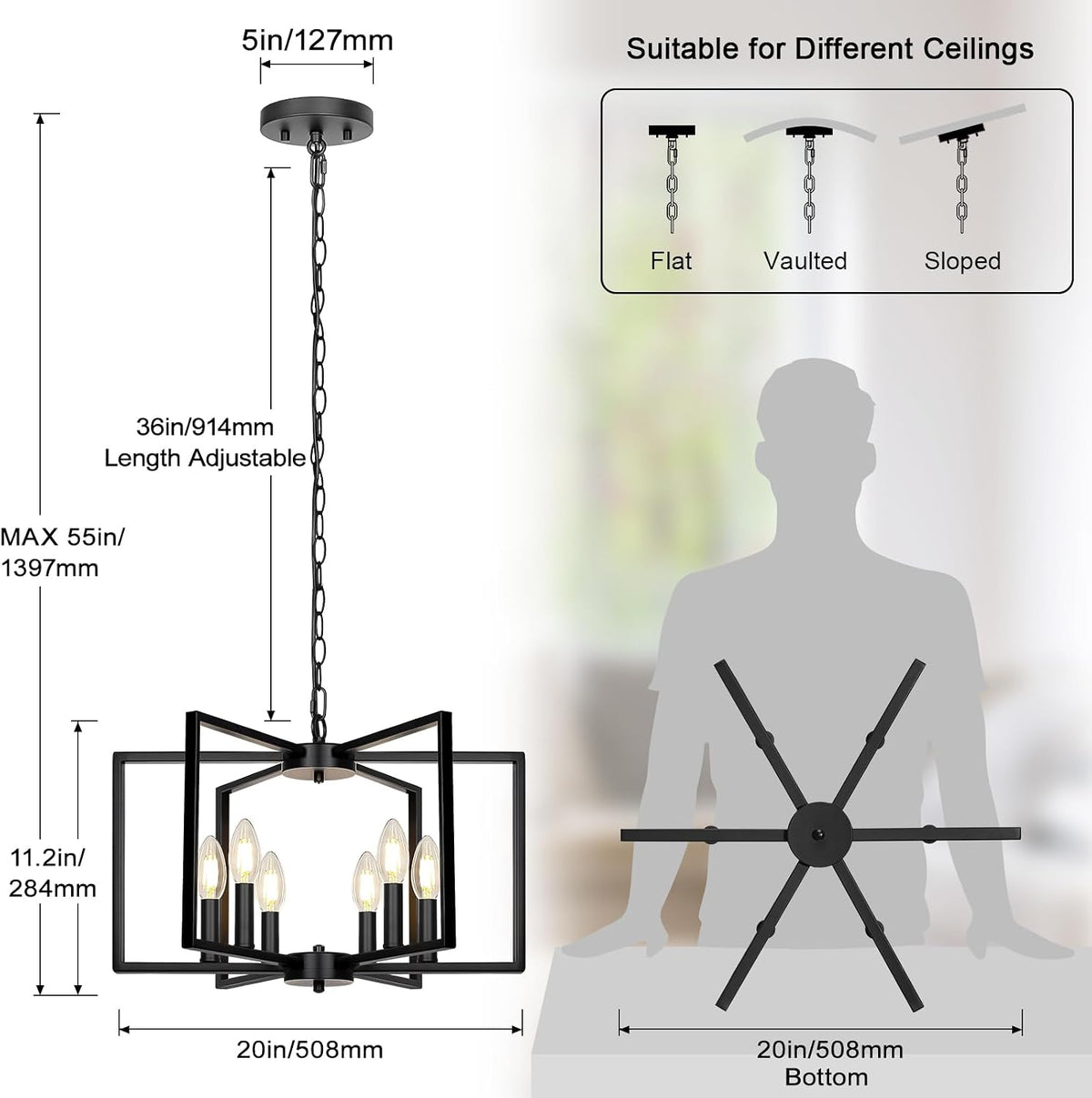 Black Farmhouse Chandelier, 6 Light Geometric Dining Room Light Fixture, Modern Industrial Metal Ceiling Light Rustic Hanging Pendant Lights with E12 base for Kitchen Island Entryway Foyer, Indoor
