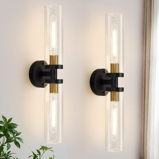 Indoi Hardwired Wall Sconces Set of Two, 22" Black and Gold Bathroom Sconces with Clear Glass, Modern Sconces Wall Decor Set of 2 Wall Light fixtures for Bathroom Mirror Living Room Hallway Bedroom