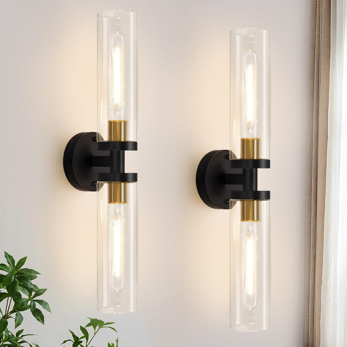 Indoi Hardwired Wall Sconces Set of Two, 22" Black and Gold Bathroom Sconces with Clear Glass, Modern Sconces Wall Decor Set of 2 Wall Light fixtures for Bathroom Mirror Living Room Hallway Bedroom