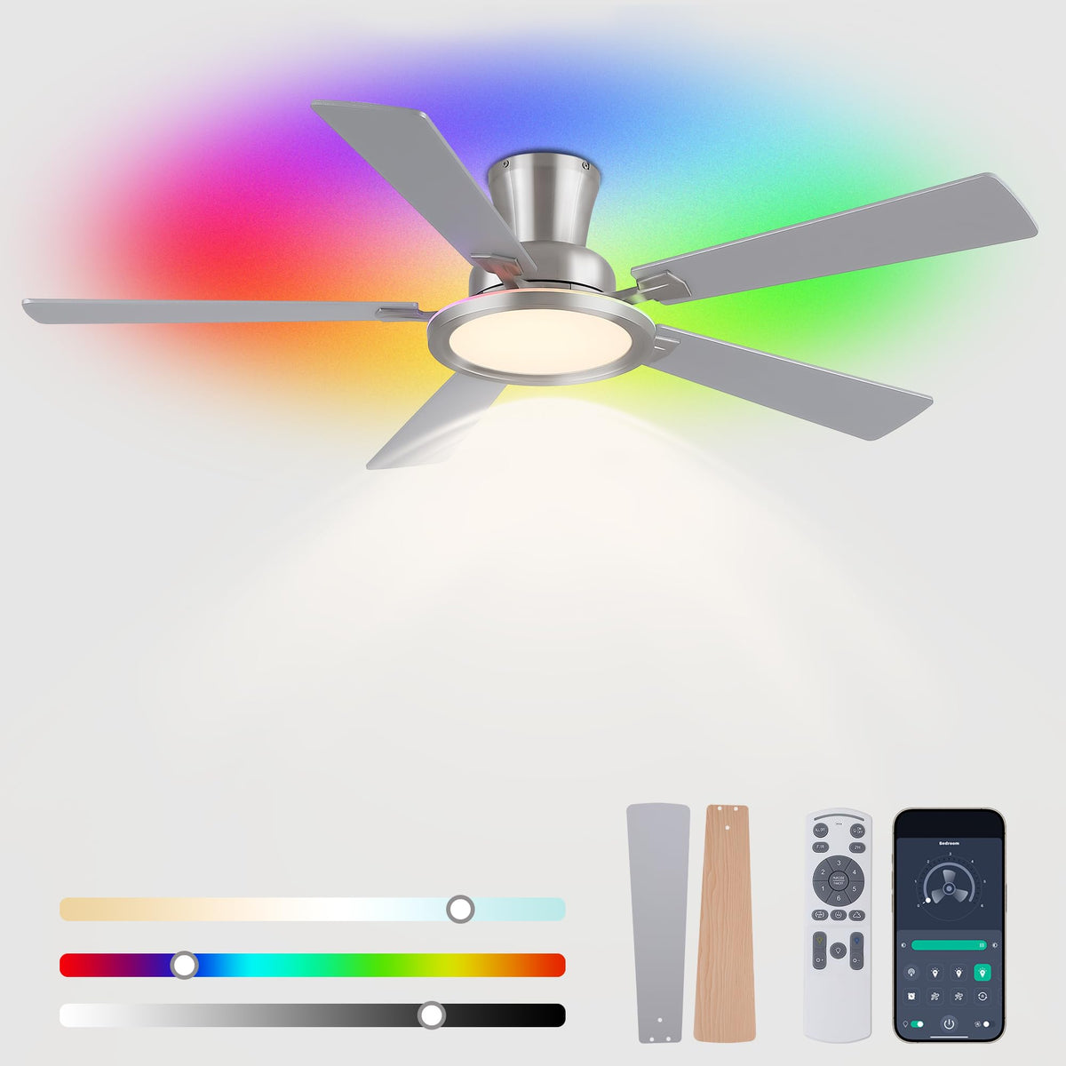 Ayaoty Ceiling Fans with Lights - 52in Flush Mount Ceiling Fan with RGB Dimmable, 3CCT 6 Wind Speeds and Reversible Quiet Motor, Low Profile RGB Fan Light for Modern Indoor, Party - Black