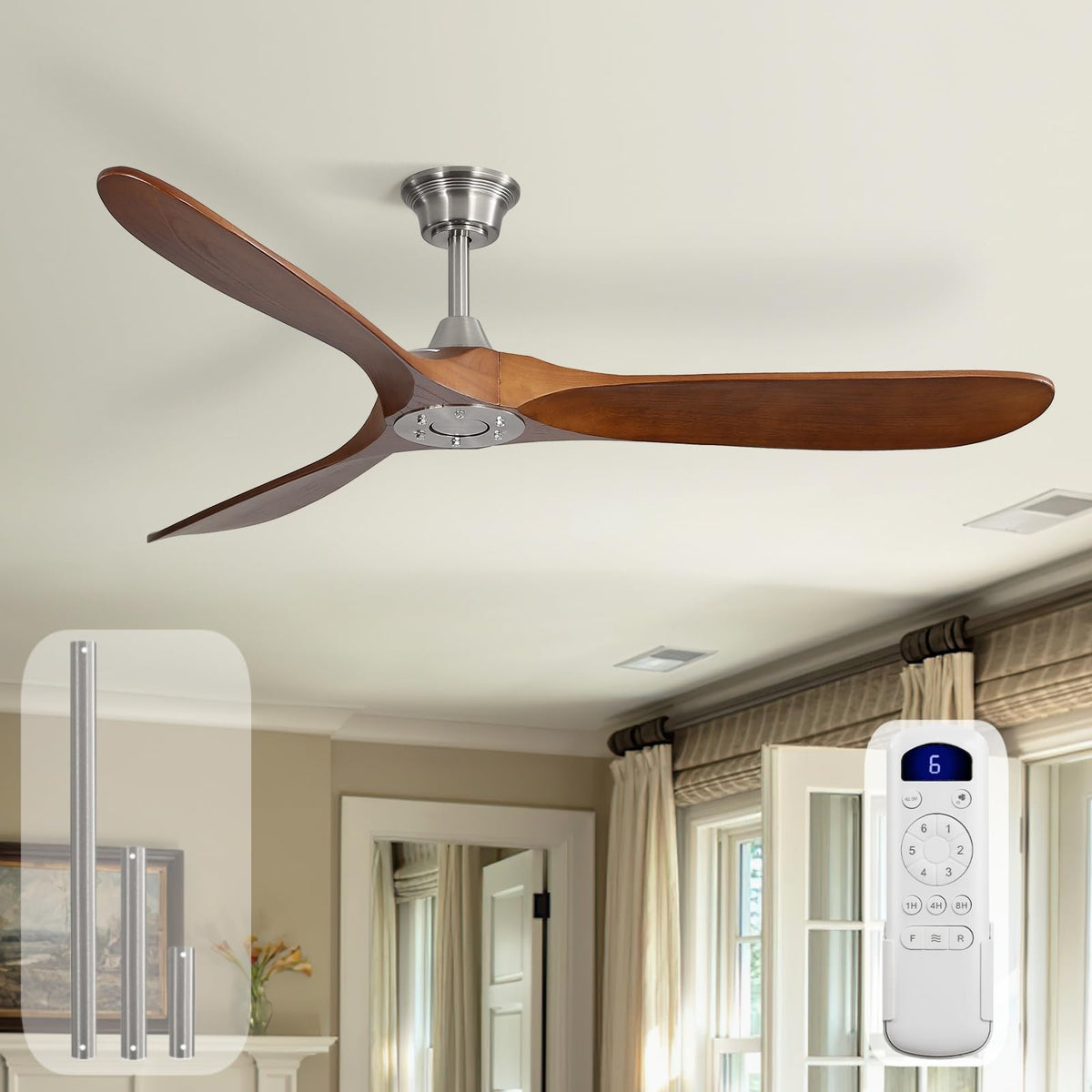 Sofucor 52 Inch Wood Ceiling Fans with Lights and Remote, Indoor/Outdoor | Modern, 3 Blade, Quiet Reversible DC Motor, 3CCT Dimmable, 6 Speeds, Timer, Bedroom/Living Room/Patio/Kitchen, Natural Wood
