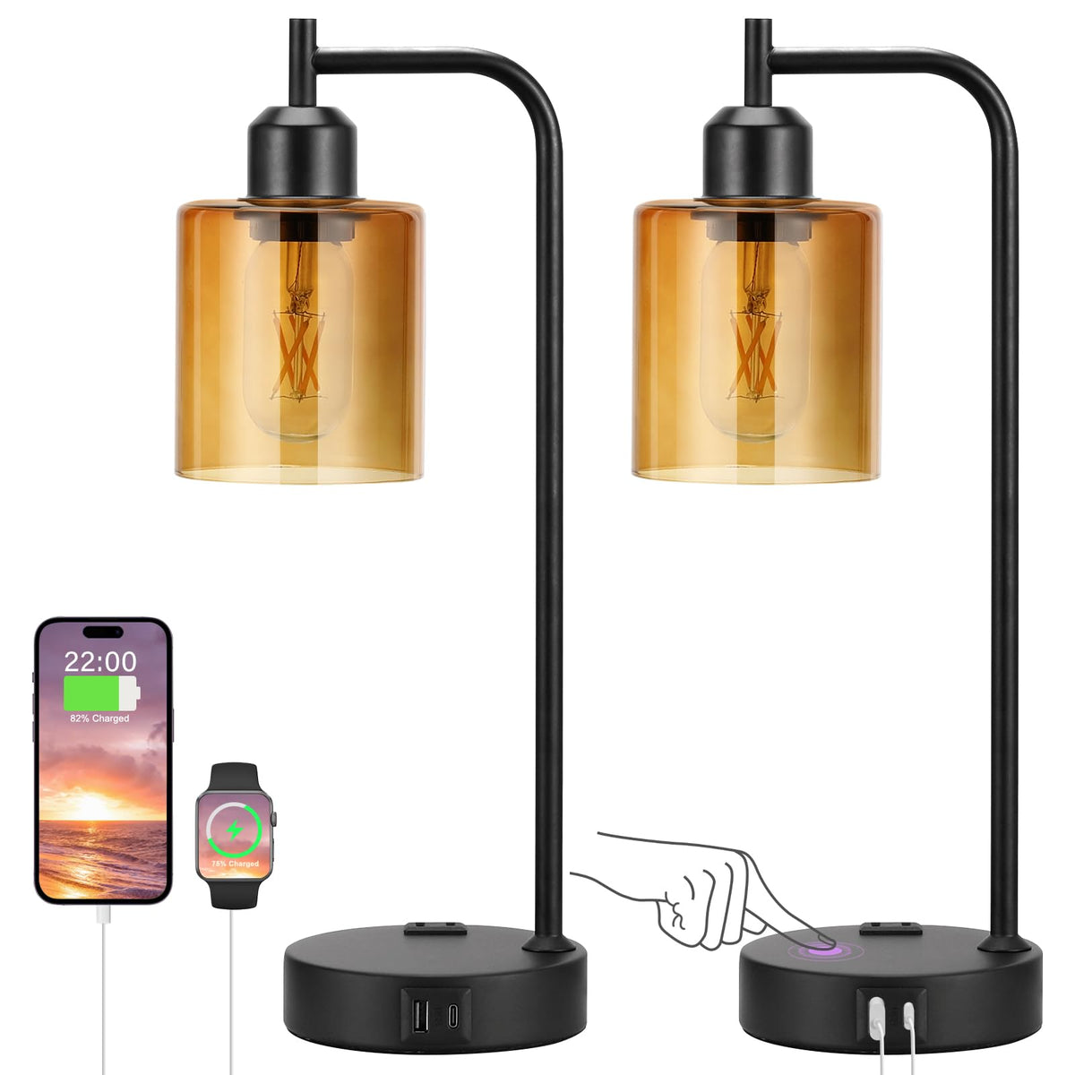 Industrial Touch Lamps for Nightstand Set of 2, 3-Way Dimmable Bedside Lamp | Glass Shade, USB C+A Charging Port & Outlet, Black Desk Lamps for Bedroom, Living Room, Home Office, Reading