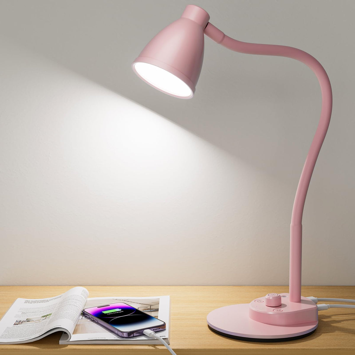BOHON LED Desk Lamp with USB Charging Port 3 Color Modes Dimmable, Black | Reading Light Intelligent Induction Auto Dimming Task Lamp Neck Flexible Table Lamp for Bedside Office, AC Adapter Include